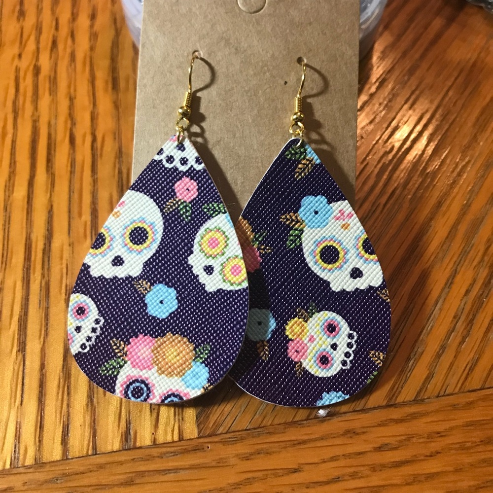 3/$15 Sugar skull faux leather handmade earrings